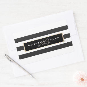 Elegant Monogram Striped Black and White Rectangular Sticker