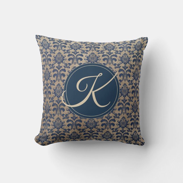 Elegant Monogram Tan and Blue Damask Cushion (Front)