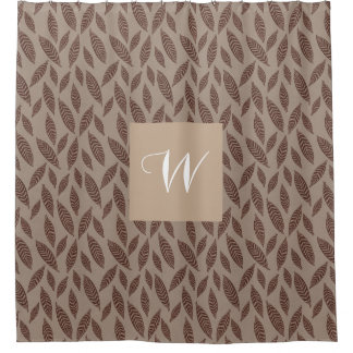 Elegant Monogram Tan & Cream Block Print Leaves Shower Curtain