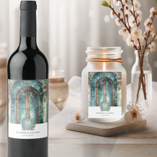 Elegant Monogram Teal, Blue Watercolor Wedding Wine Label (Creator Uploaded)
