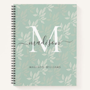 Elegant Monogram Teal Botanical Leaves Girly Notebook