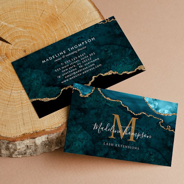 Elegant Monogram Teal Marble Gold Agate Geode Business Card (Creator Uploaded)