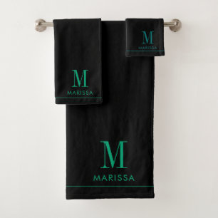 Elegant Monogram Teal Name Black Bath Towel Set