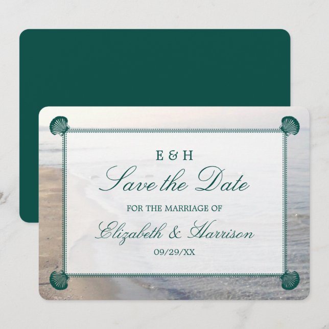 Elegant Monogram, Teal Scallop Beach Save The Date (Front/Back)