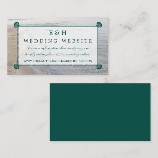 Elegant Monogram & Teal Scallop Beach Wedding Enclosure Card (Front/Back)