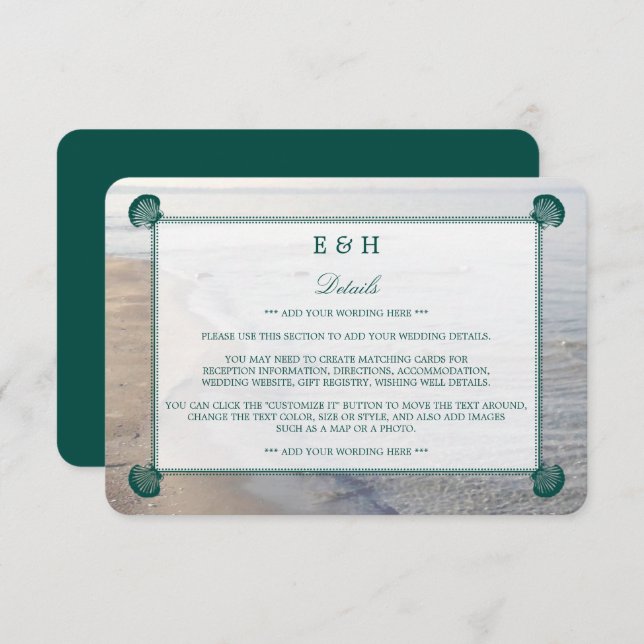 Elegant Monogram & Teal Scallop Beach Wedding Enclosure Card (Front/Back)