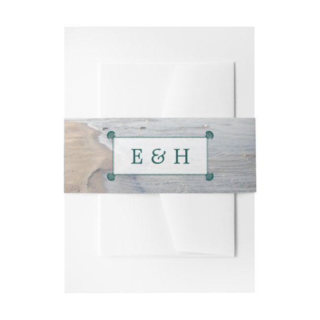 Elegant Monogram & Teal Scallop Beach Wedding Invitation Belly Band (Front Example)