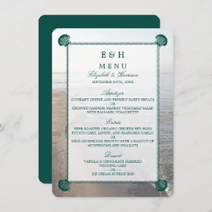 Elegant Monogram & Teal Scallop Beach Wedding Menu