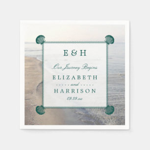 Elegant Monogram & Teal Scallop Beach Wedding Napkin
