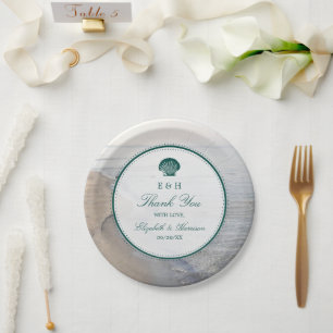 Elegant Monogram & Teal Scallop Beach Wedding Paper Plate