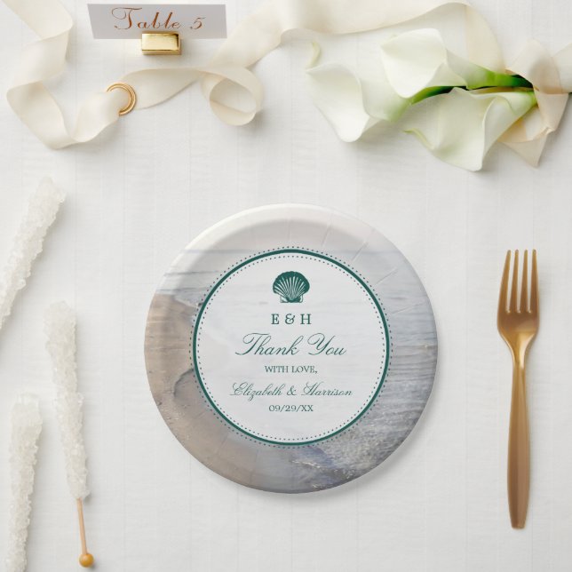Elegant Monogram & Teal Scallop Beach Wedding Paper Plate (Wedding)