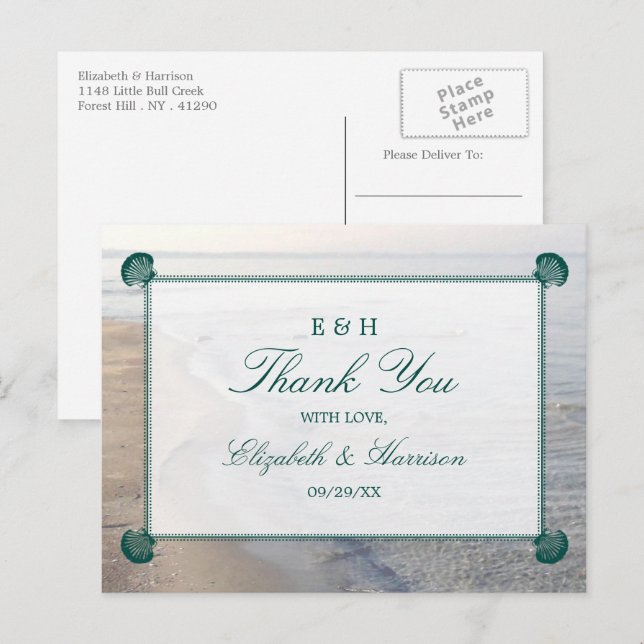 Elegant Monogram & Teal Scallop Beach Wedding Postcard (Front/Back)