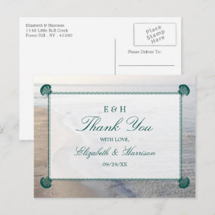 Elegant Monogram & Teal Scallop Beach Wedding Postcard