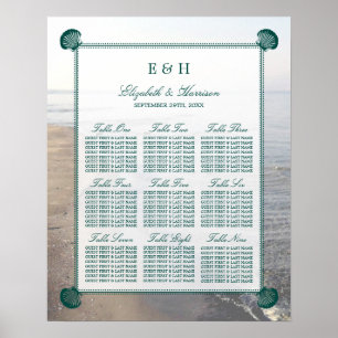 Elegant Monogram & Teal Scallop Beach Wedding Poster