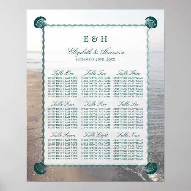 Elegant Monogram & Teal Scallop Beach Wedding Poster (Front)
