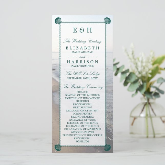Elegant Monogram & Teal Scallop Beach Wedding Programme (Standing Front)
