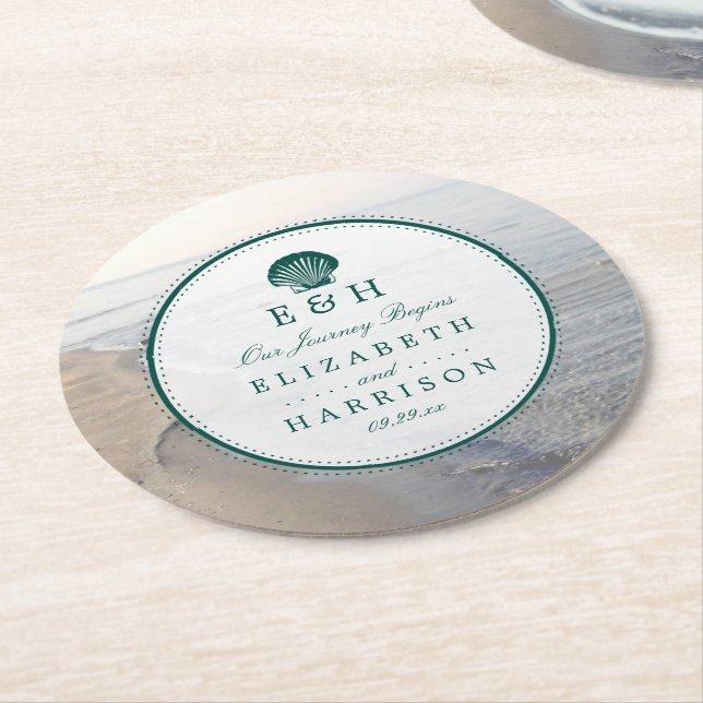 Elegant Monogram & Teal Scallop Beach Wedding Round Paper Coaster (Angled)