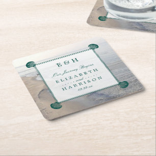 Elegant Monogram & Teal Scallop Beach Wedding Square Paper Coaster