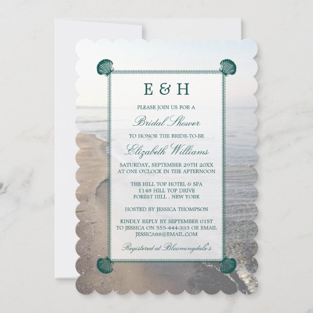 Elegant Monogram & Teal Scallop Bridal Shower Invitation (Front)