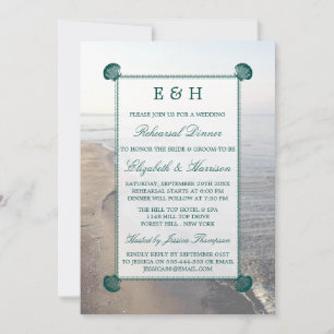 Elegant Monogram, Teal Scallop Rehearsal Dinner Invitation
