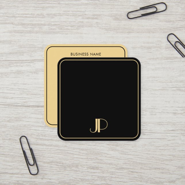 Elegant Monogram Template Luxury Black And Gold Square Business Card (Front/Back In Situ)
