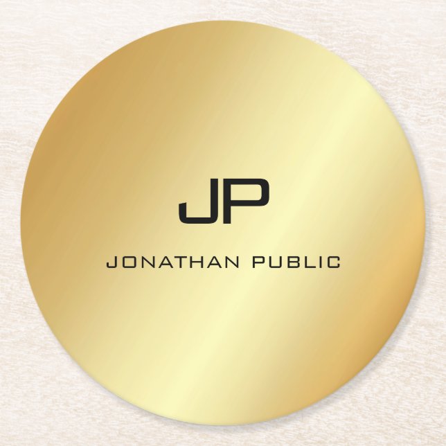 Elegant Monogram Template Modern Faux Gold Round Paper Coaster (Front)