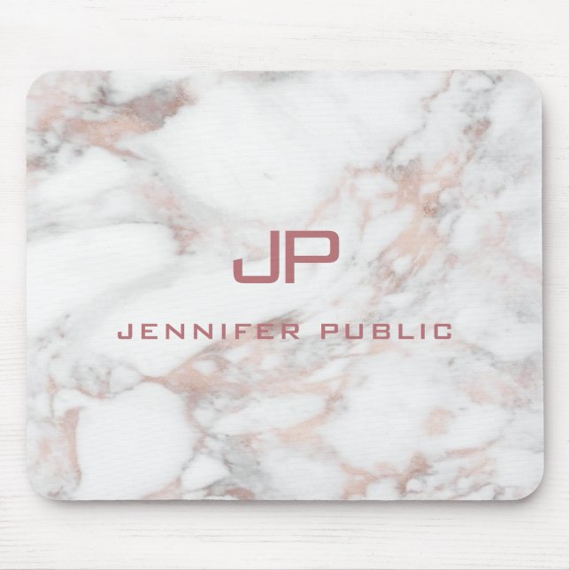 Elegant Monogram Template Rose Gold White Marble Mouse Mat (Front)