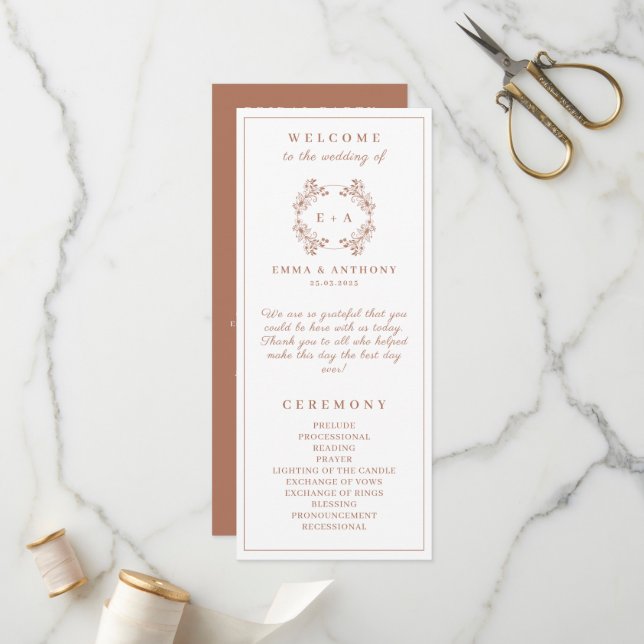Elegant Monogram Terracota Wedding Programme (Front/Back In Situ)