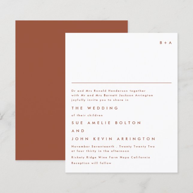Elegant Monogram Terracotta Budget Wedding Invite (Front/Back)