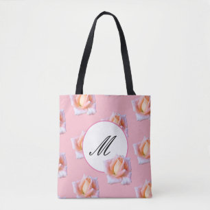 Elegant monogram Tote Pink Rose Flowers Bag