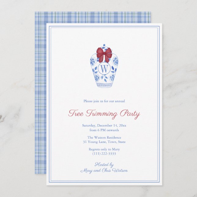Elegant Monogram Tree Trimming Christmas Party Invitation (Front/Back)