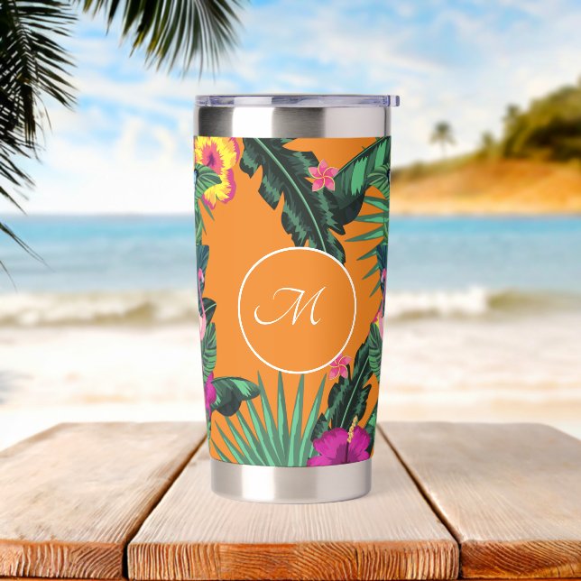 Elegant Monogram Tropical Flowers Insulated Tumbler (Beach)
