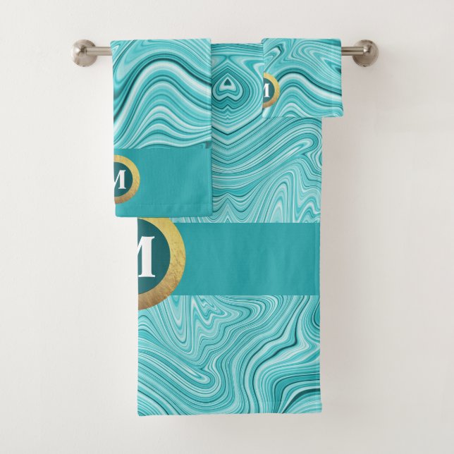 Elegant monogram turquoise fluid marble bath towel set (Insitu)