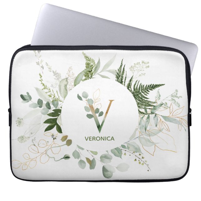 Elegant Monogram V Green Wreath Laptop Sleeve (Front)