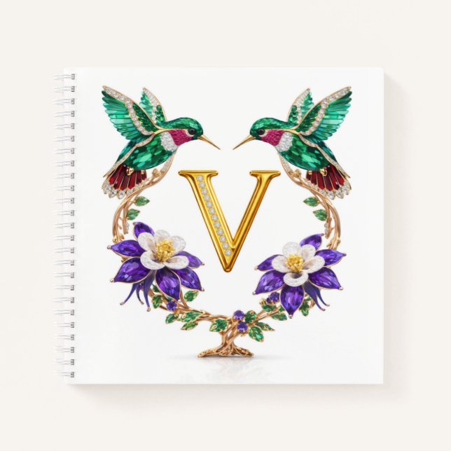 Elegant Monogram V Hummingbird Wedding Gift Notebook (Front)