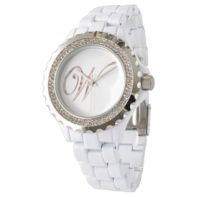 Elegant Monogram W Pink Rose Gold Watch (Angled)