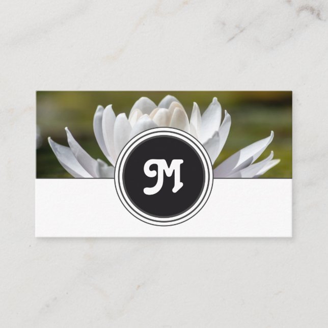 Elegant monogram water lily florist white grey business card (Front)