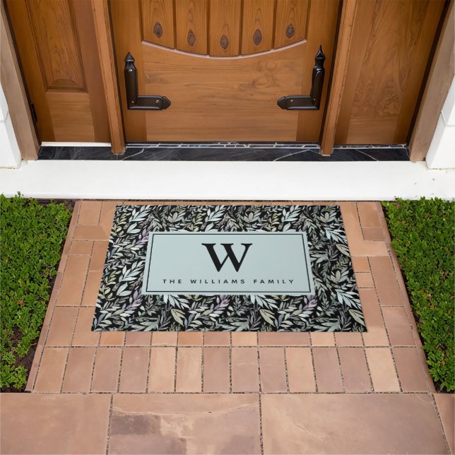 Elegant Monogram Watercolor Black Blue Leaves Doormat (Outdoor)