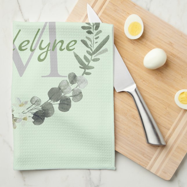 Elegant Monogram Watercolor Botanical Tea Towel (Quarter Fold)