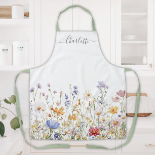 Elegant Monogram Watercolor Colorful Wildflower Apron