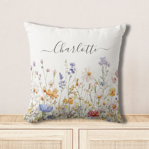 Elegant Monogram Watercolor Colorful Wildflower Cushion