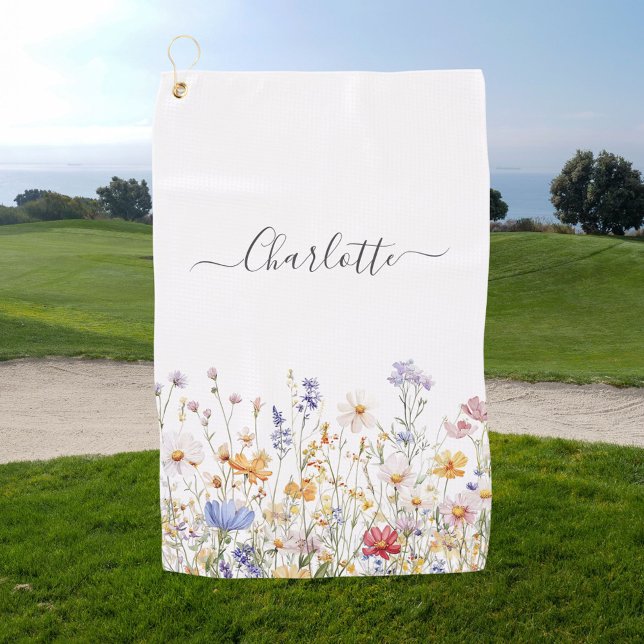Elegant Monogram Watercolor Colourful Wildflower Golf Towel (In situ)