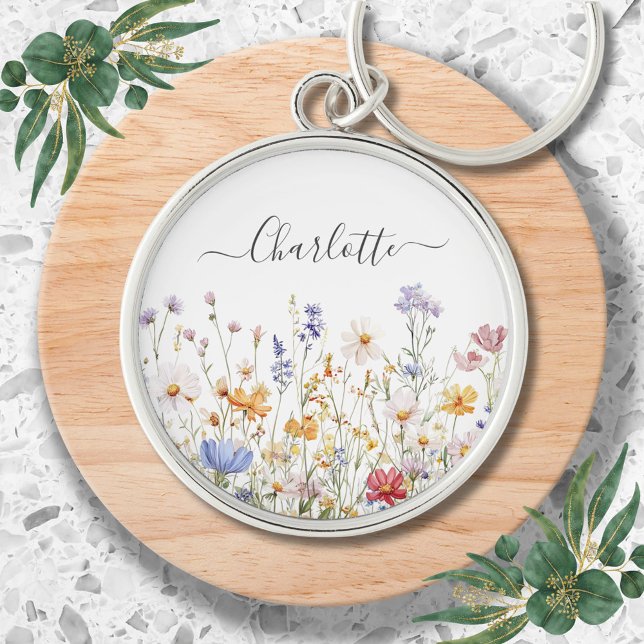 Elegant Monogram Watercolor Colourful Wildflower Key Ring (In situ)