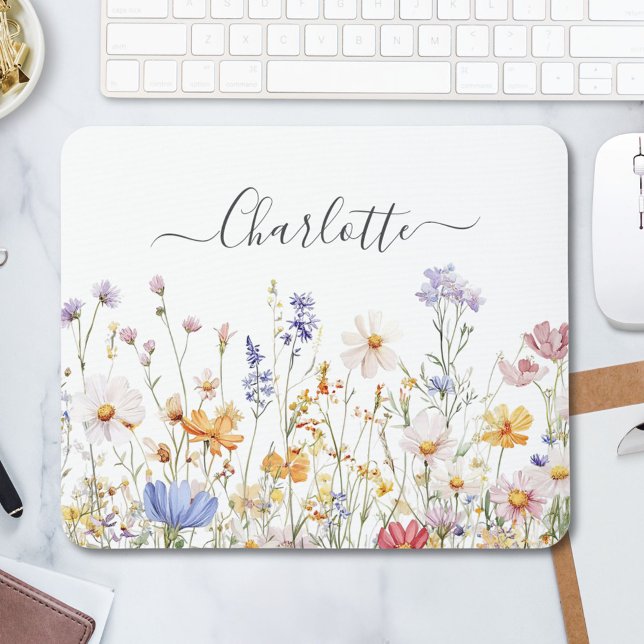 Elegant Monogram Watercolor Colourful Wildflower Mouse Mat (In situ)