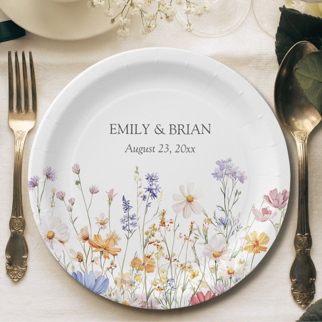 Elegant Monogram Watercolor Colourful Wildflower Paper Plate (In situ)