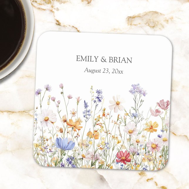 Elegant Monogram Watercolor Colourful Wildflower Square Paper Coaster (In situ)