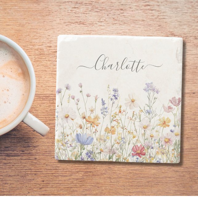 Elegant Monogram Watercolor Colourful Wildflower Stone Coaster (In situ)