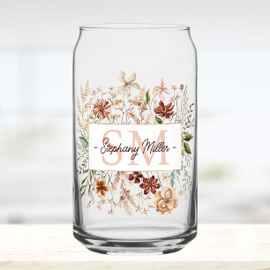 Elegant Monogram Watercolor Fall Wildflower Floral Can Glass