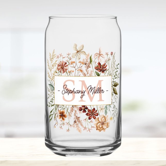 Elegant Monogram Watercolor Fall Wildflower Floral Can Glass (In situ)