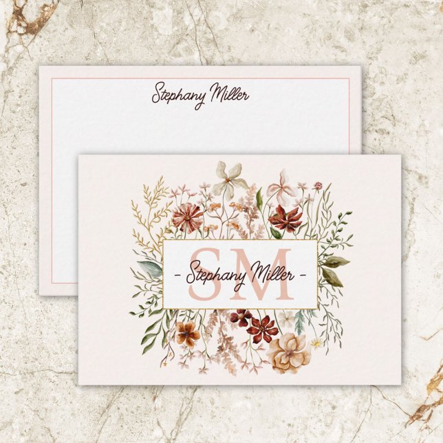 Elegant Monogram Watercolor Fall Wildflower Floral Card (Front and Back)